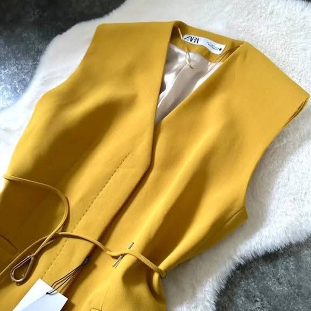 Zara Sleeveless V-Neck Mustard Dress with Waist Tie - Picture 3 of 10
